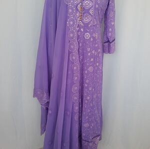 Georgette embroidered lavender long  Anarkali/ maxi with georgette cut w…